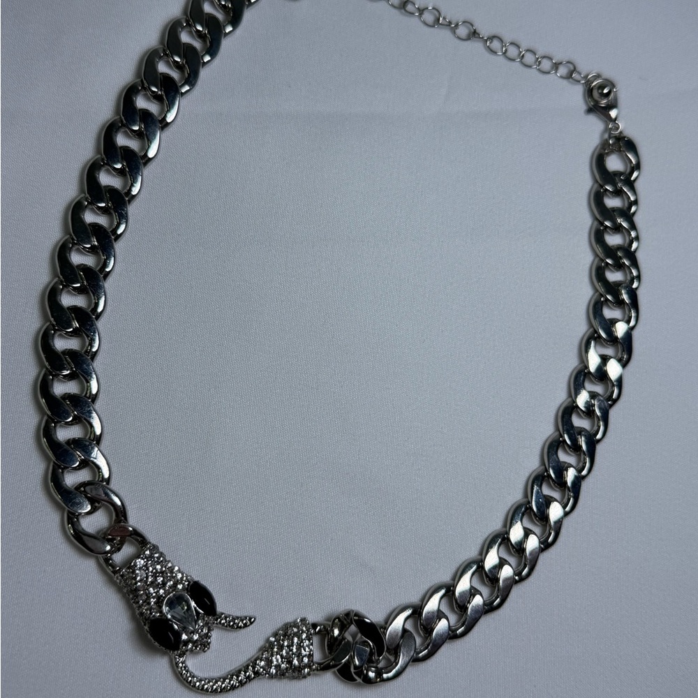 Brand New Silver Snake Gothic Cuban Chain Bold Statement Rhinestone 17” Necklace